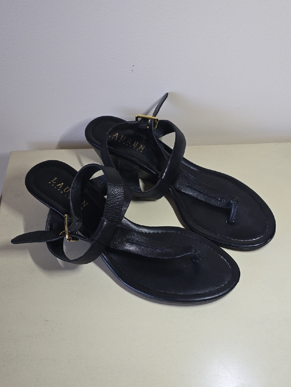 Lauren Ralph Lauren Black Leather T-Strap Ankle Buckle Sandals